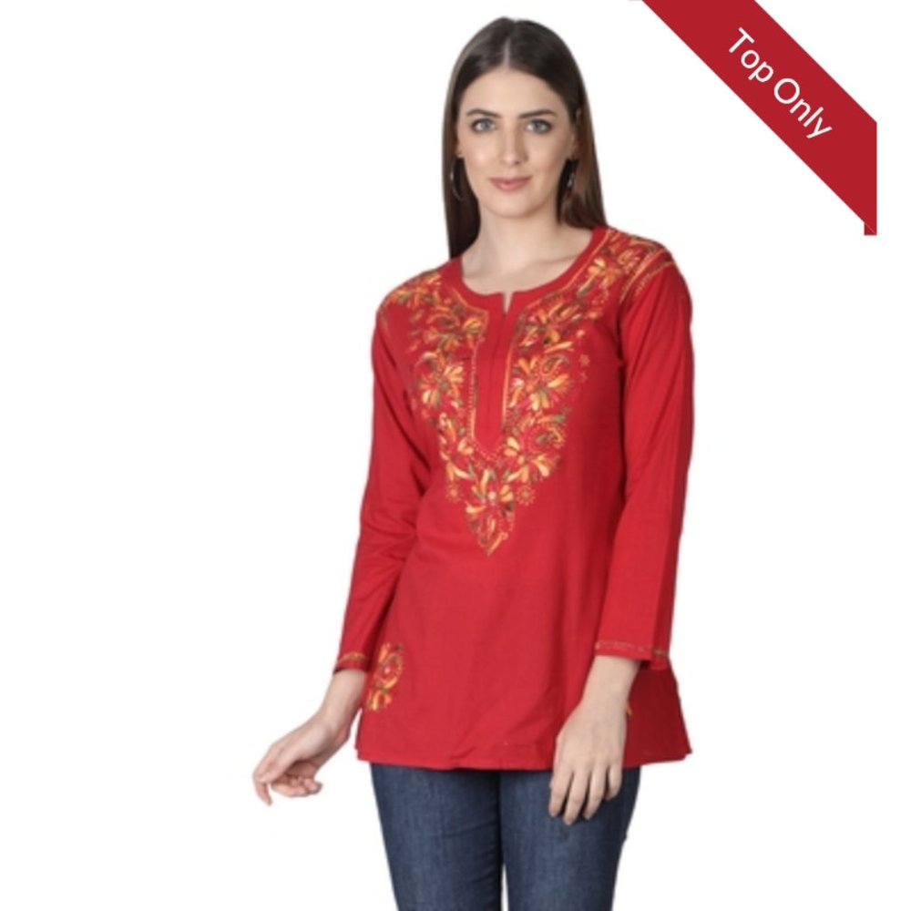 100% cotton hand embroidered tunic top - Red